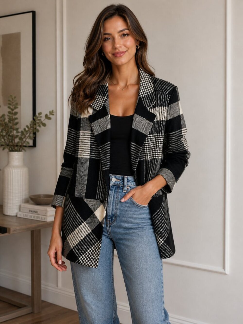 Vintage Wool Blend Plaid Black White Boxy Relaxed Fit Open Front Blazer 8